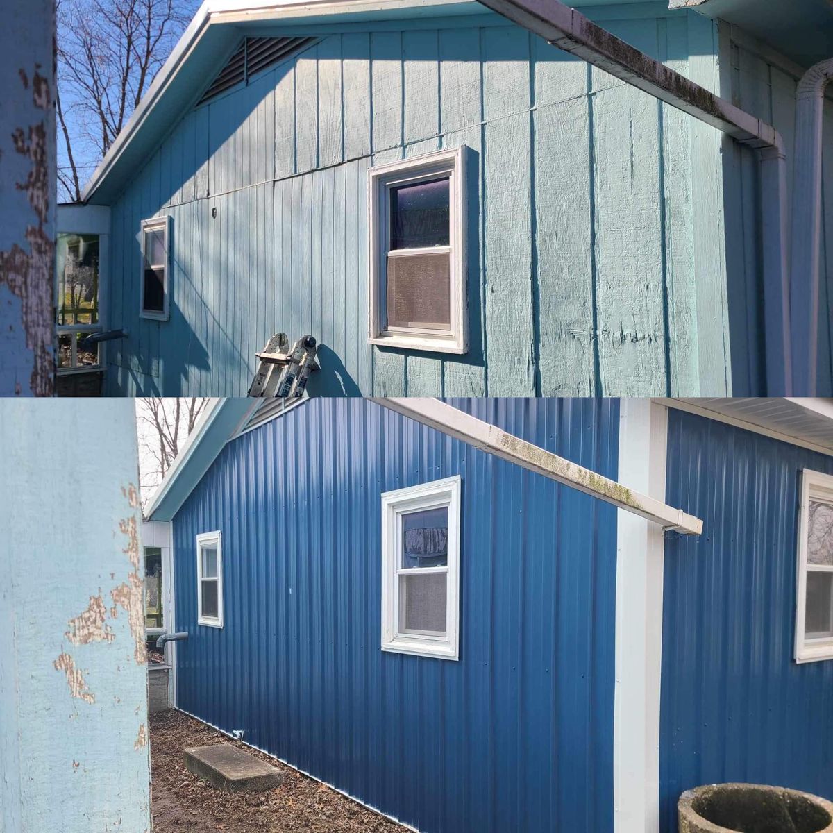 Close up before and after of metal siding replacing old peeling paint
