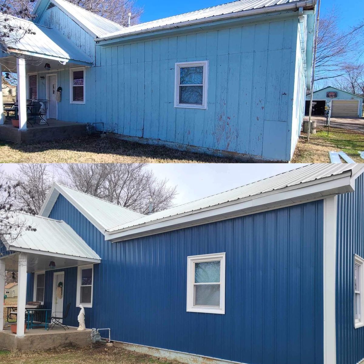 Before and after side view of blue metal siding installation