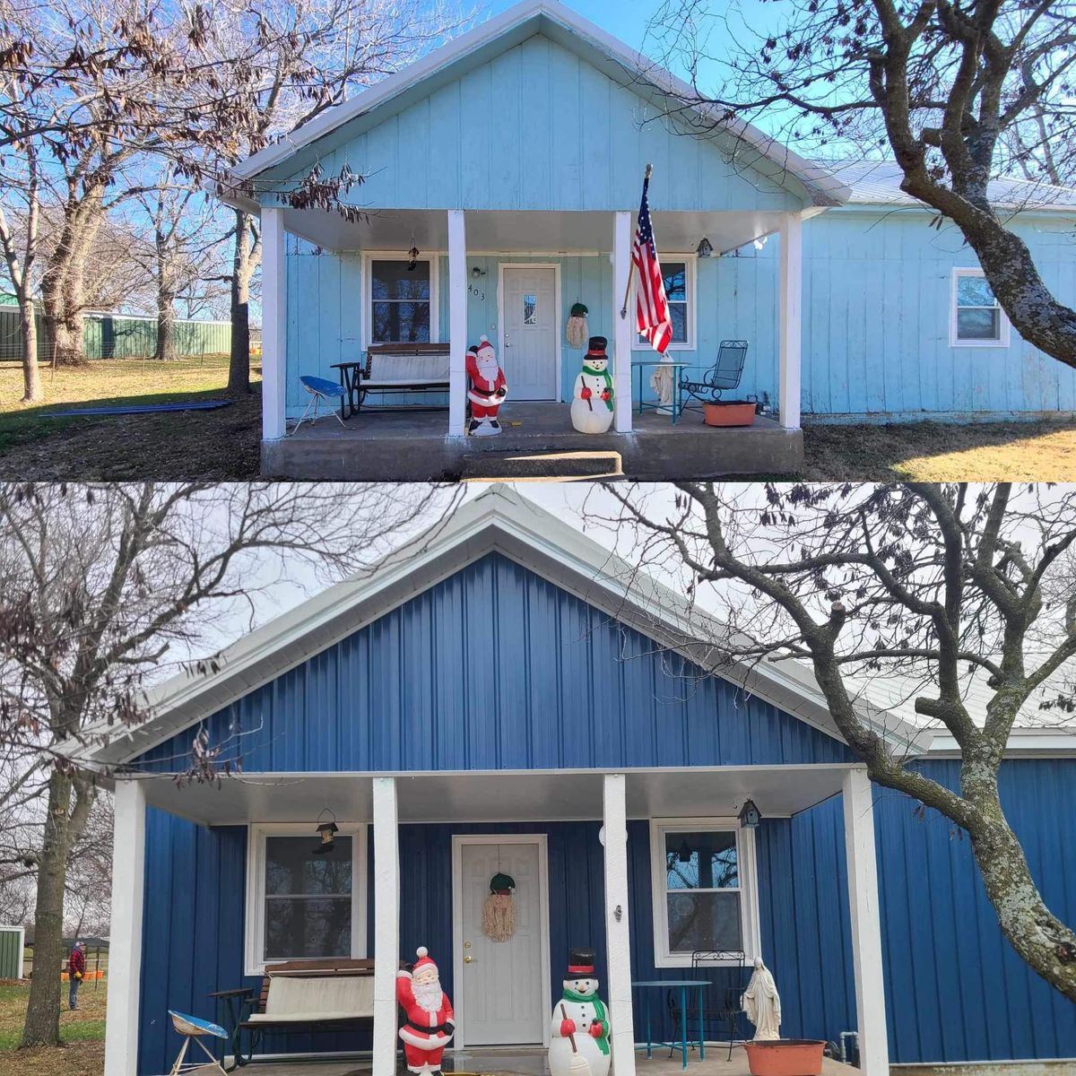 Before and after front porch view of complete metal siding project