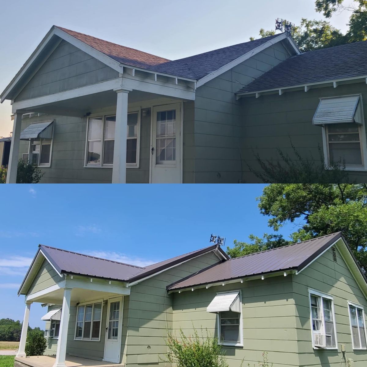 Before and after metal roof installation on a green house in Eastern Kansas