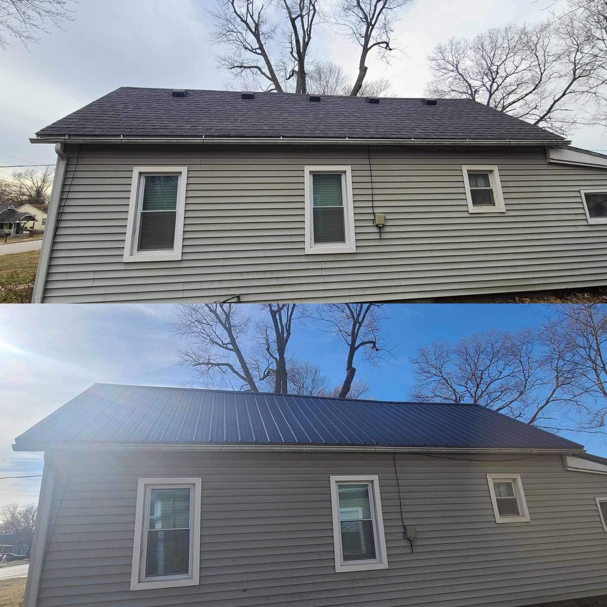 Before and after metal roof replacement on a gray sided home