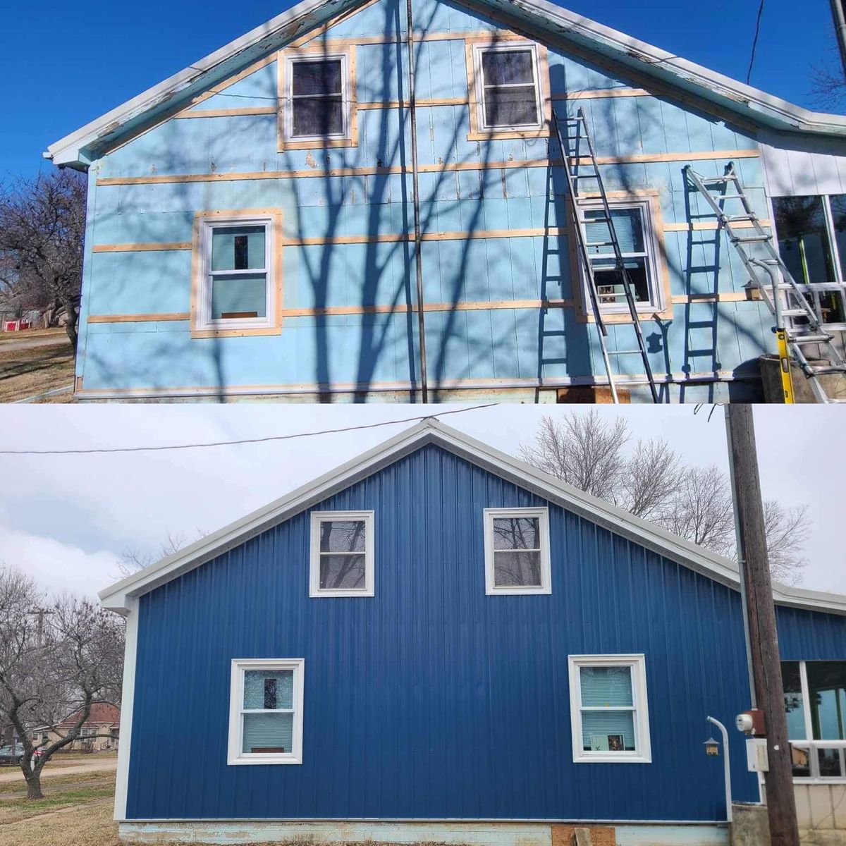 Before and after full metal siding installation showing dramatic blue transformation